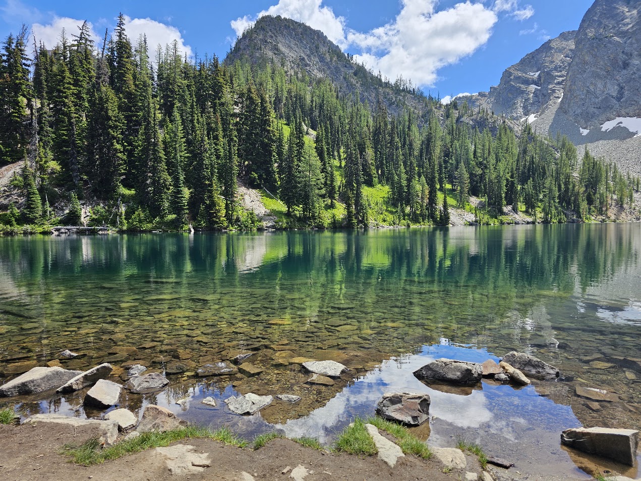 Clear alpine lake with pine forests and mountain peaks